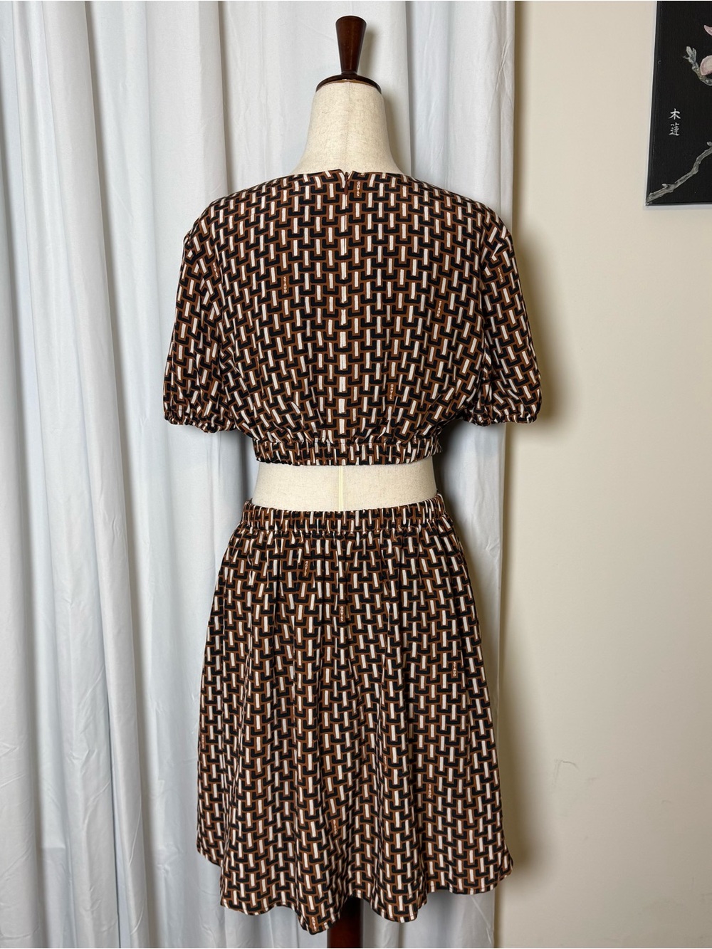 Staud Epona Mini Dress Medium NWT Basketweave Print Cutout Puff Sleeve Dress - Picture 4 of 16